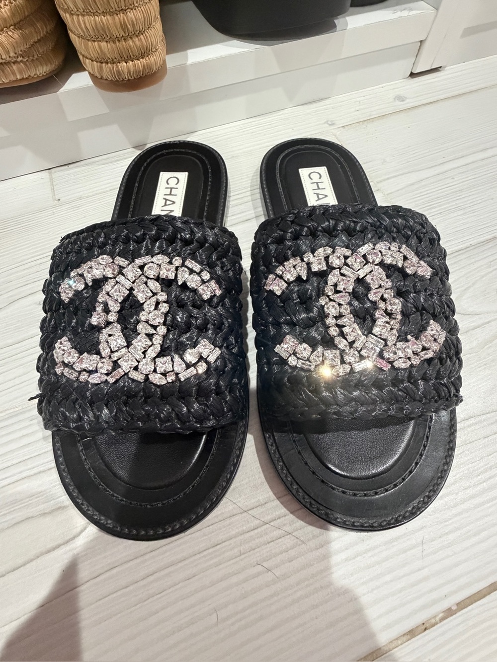 Chanel Black Raffia Crystal Slides